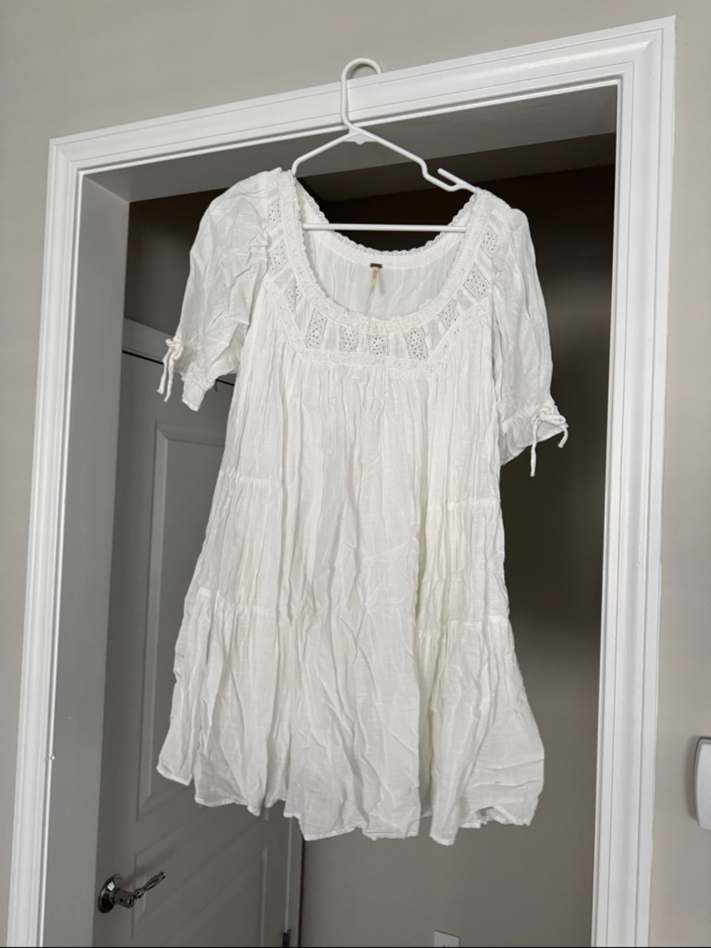 Free People Boho White Peasant Tunic Dress with Crochet Yoke